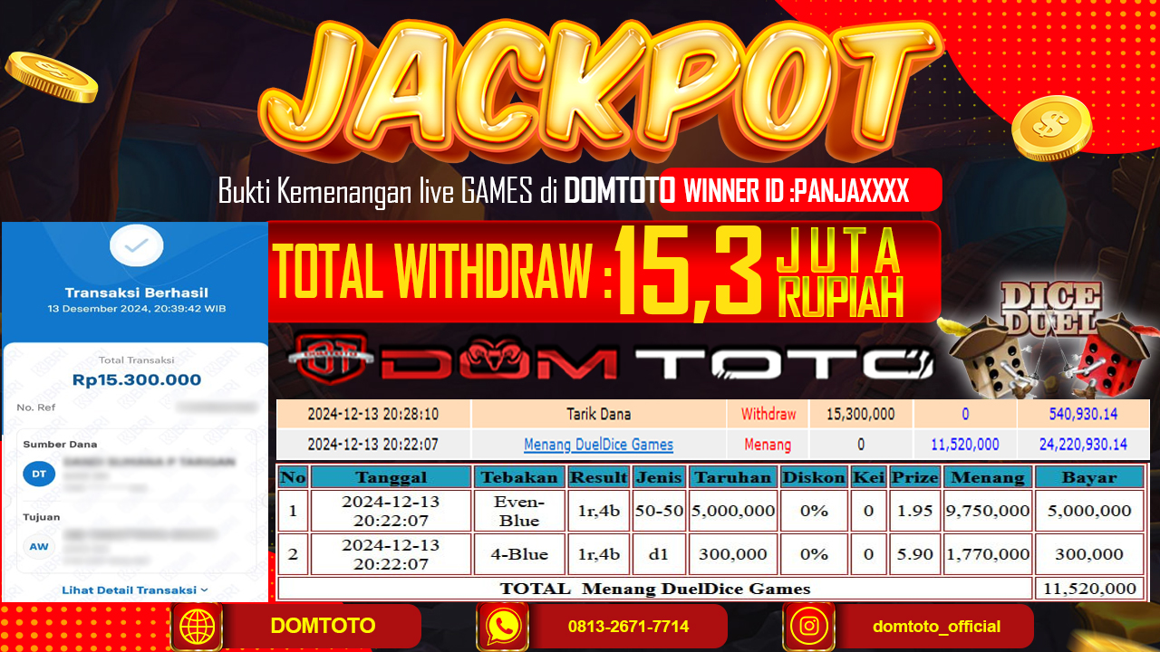 JACKPOT LIVE GAMES DICE DUEL 13 DESEMBER 2024 